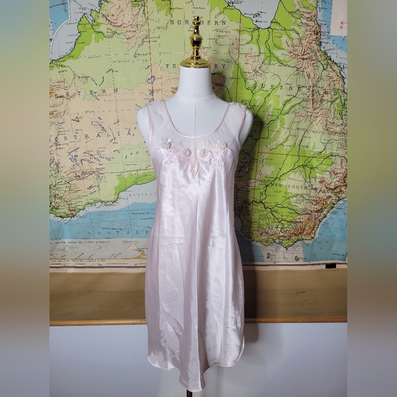 Sara Beth Vintage 80s Pastel Pink Satin Sheer Size M Lingerie Gown Croquet Girl - Picture 1 of 9
